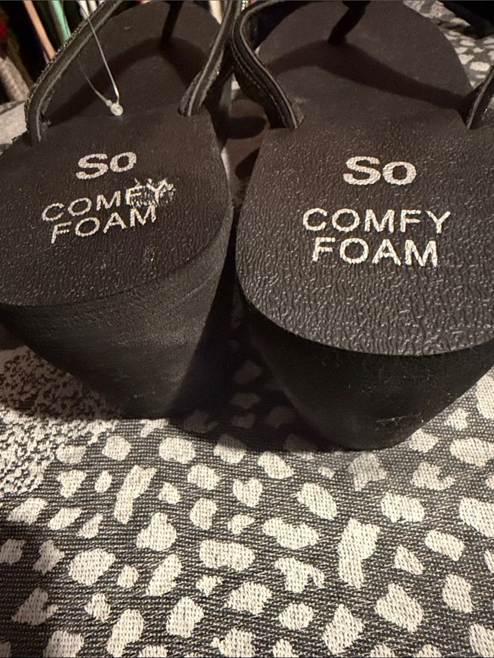 SO Black Platform Wedge Flip-Flops with Silver Beaded Straps